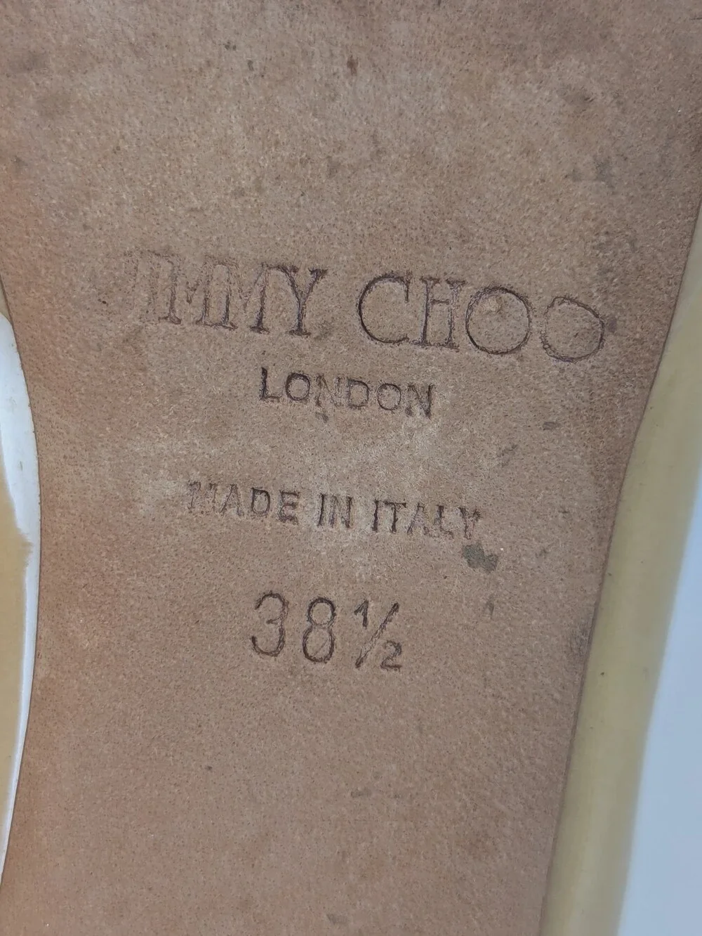 Jimmy Choo Beige Patent Leather Peep-Toe Slingback Wedges